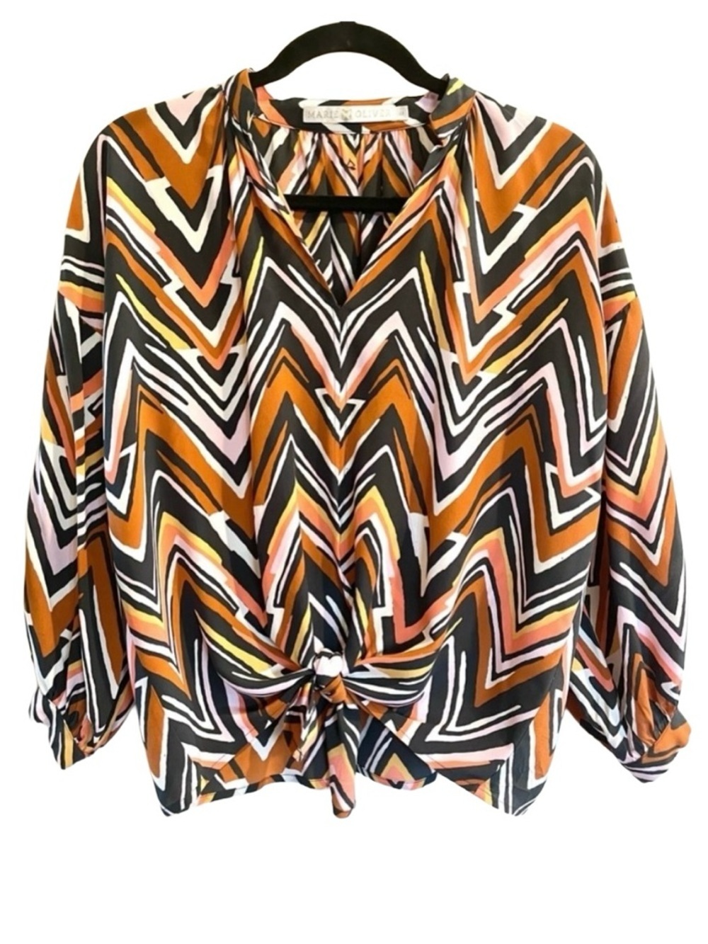 Marie Oliver Silk Chevron Tie Front Blouse XS Boho Multicolor